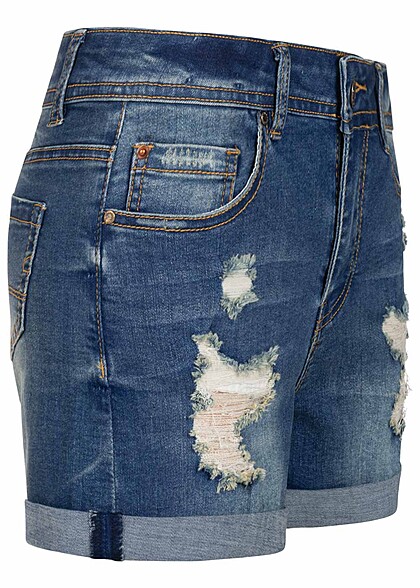 Cloud5ive Dames Jeans Korte broek met 5 zakken destroyed look donkerblauw