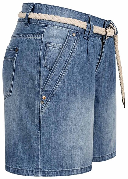 Cloud5ive Dames Jeans Korte broek met 5 zakken en riem donkerblauw