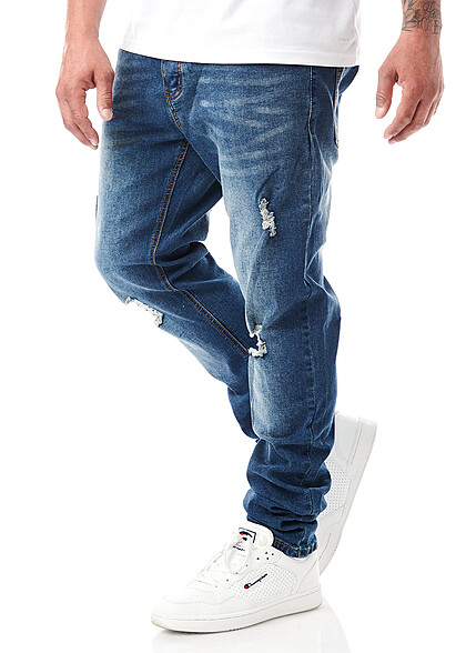 Seventyseven Lifestyle Heren Jeans Broek met 5 zakken destroyed look donkerblauw