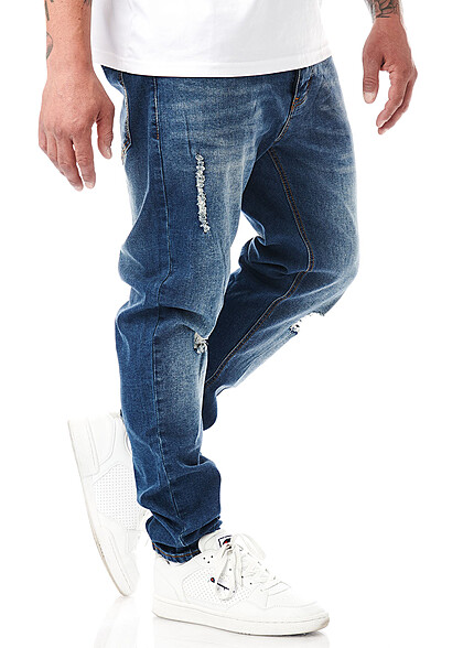 Seventyseven Lifestyle Heren Jeans Broek met 5 zakken destroyed look donkerblauw