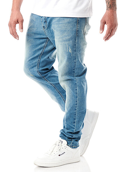 Seventyseven Lifestyle Heren Jeans Broek met 5 zakken gewassen look donkerblauw