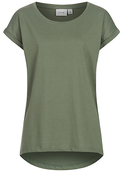 VILA Dames T-Shirt met omgeslagen mouwen donkergroen