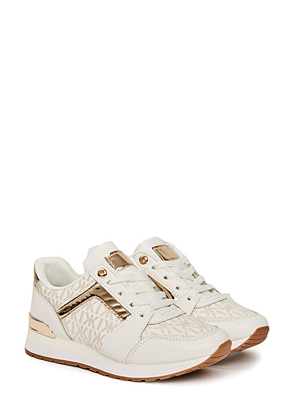 Seventyseven Lifestyle Dames Kunstleder Sneaker met gouden applicatie wit