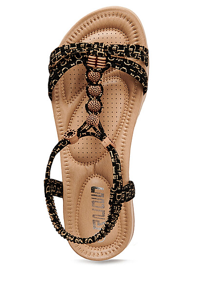 Seventyseven Lifestyle Dames Sandalen met houten parels en logo zwartbruin