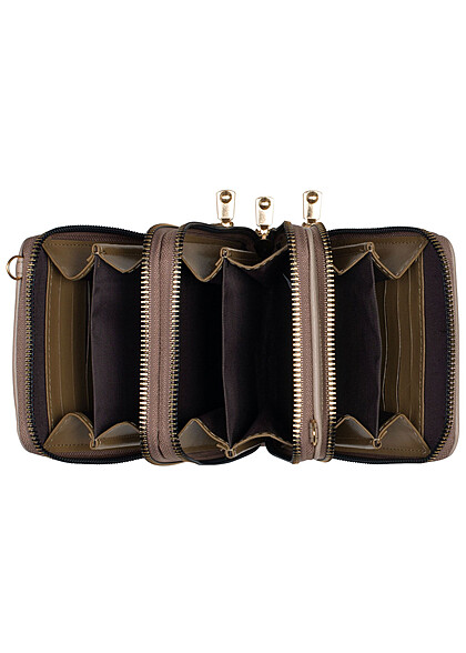 Styleboom Fashion Dames Mini Multi Pocket Handtas met 3 Rits-vakken beige