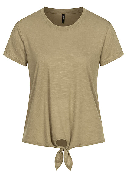 ONLY Dames Basic T-Shirt met binddetail op de voorzijde olijfgroen - Art.-Nr.: 22060209