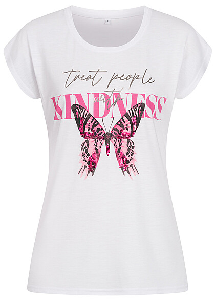 Seventyseven Lifestyle Dames T-Shirt met vlinderprint en pailletten wit roze - Art.-Nr.: 22069036