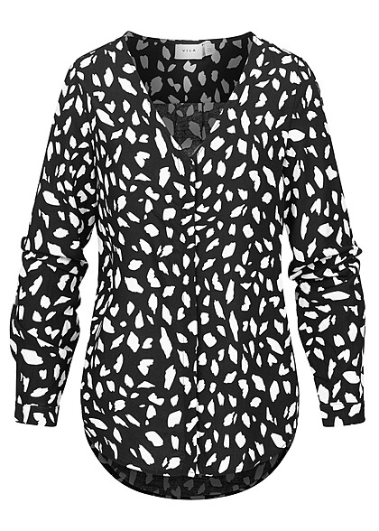 VILA Dames NOOS Viscose Blouse met V-hals en print zwart wit