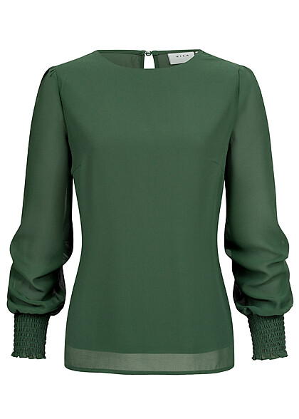 VILA Dames Chiffon Blouse met lange mouwen en knoopsluiting donkergroen