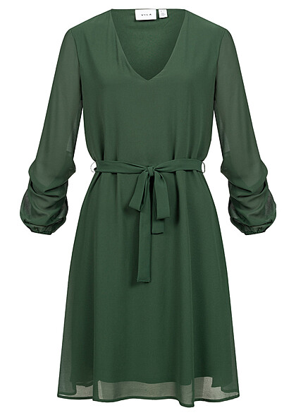 VILA Dames Chiffon Jurk met lange mouwen en binddetail donkergroen