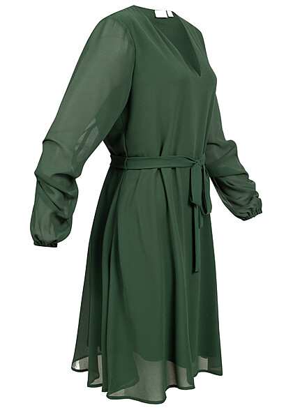 VILA Dames Chiffon Jurk met lange mouwen en binddetail donkergroen