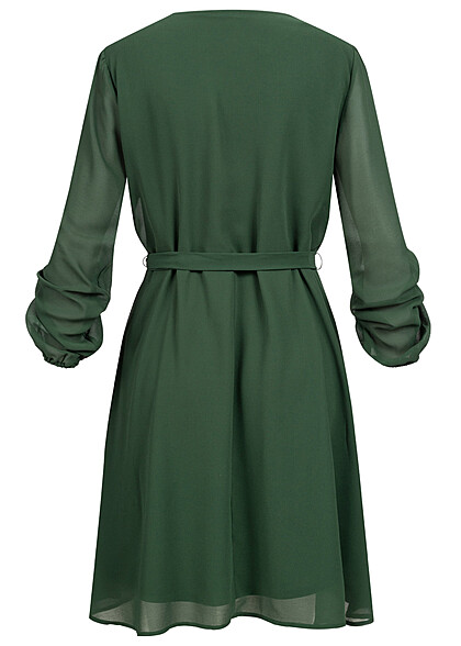 VILA Dames Chiffon Jurk met lange mouwen en binddetail donkergroen