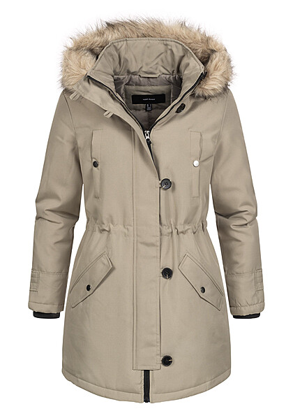 Vero Moda Dames Parka jas met imitatiebont en 2 zakken grijsbruin