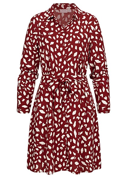 VILA Dames NOOS Jurk met lange mouwen en knopen print rood wit