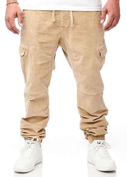 Indicode Heren Koord Cargo Broek met 6 zakken beige