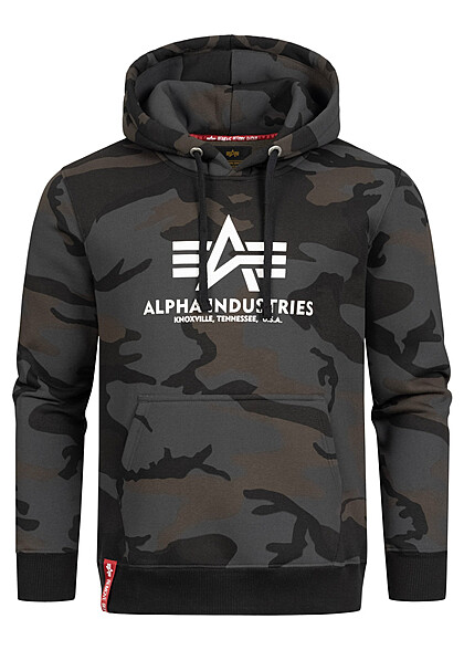 Alpha Industries Heren Basic Hoodie met kangoeroezak en logoprint zwarte camouflage - Art.-Nr.: 22080408