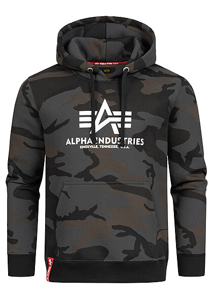 Alpha Industries Heren Basic Hoodie met kangoeroezak en logoprint zwarte camouflage