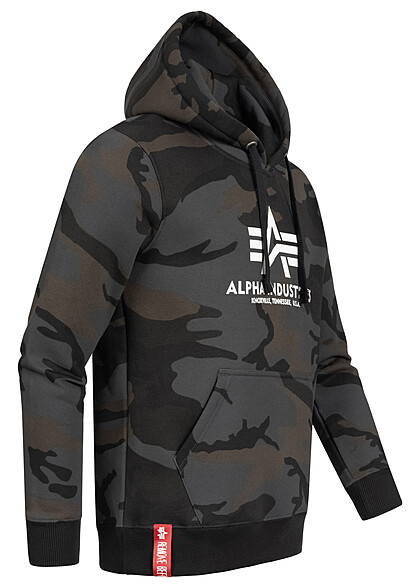 Alpha Industries Heren Basic Hoodie met kangoeroezak en logoprint zwarte camouflage