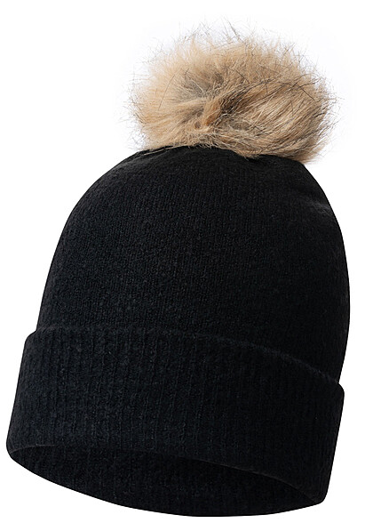 ONLY Dames Gebreide muts met bontpompom zwart