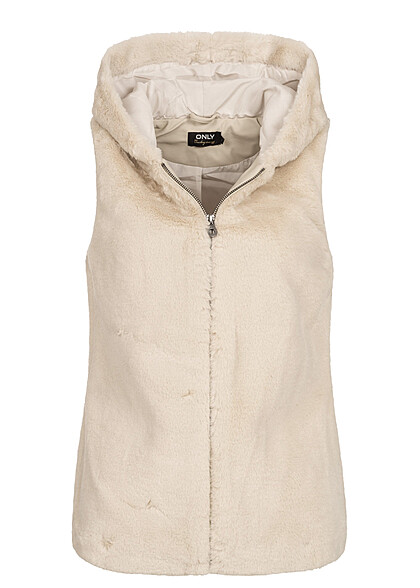ONLY Dames Hooded Vest met imitatiebont en 2 zakken grijs beige - Art.-Nr.: 22090121