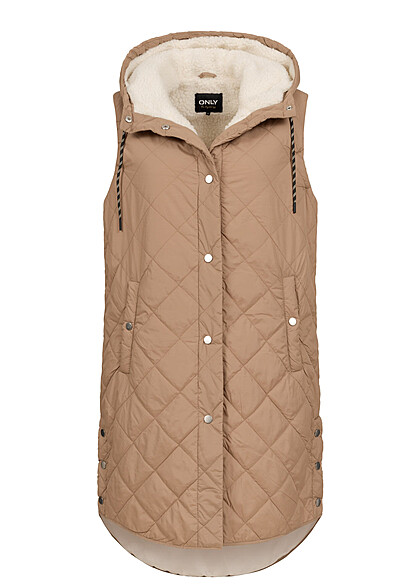 ONLY Dames Gewatteerd vest met kap en ruitpatroon bruin