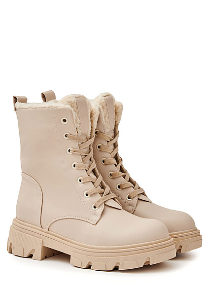 Seventyseven Lifestyle Dames Laarzen met teddybont en veters beige