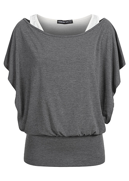 Cloud5ive Dames Top met vleermuismouwen donkergrijs wit