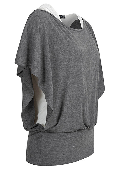 Cloud5ive Dames Top met vleermuismouwen donkergrijs wit