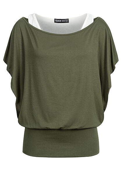 Cloud5ive Dames Top met vleermuismouwen olijfgroen wit