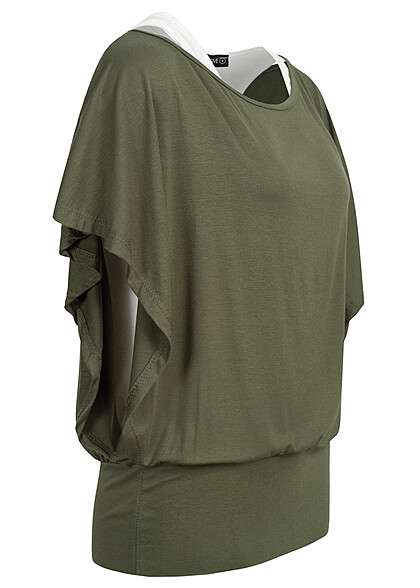 Cloud5ive Dames Top met vleermuismouwen olijfgroen wit
