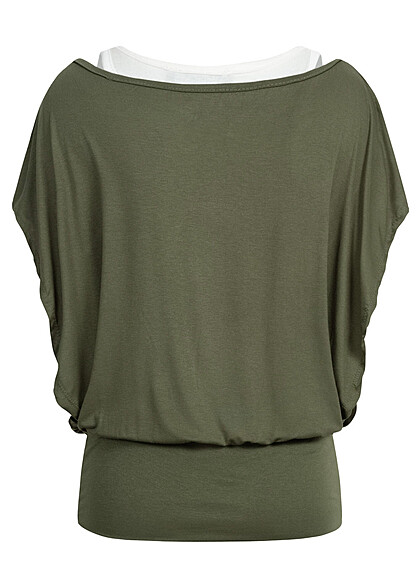 Cloud5ive Dames Top met vleermuismouwen olijfgroen wit
