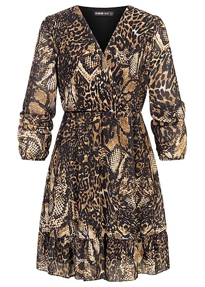 Cloud5ive Dames Chiffon jurk met lange mouwen en print zwart bruin