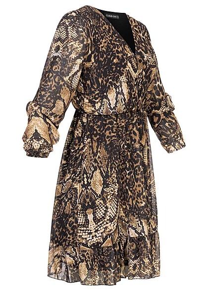 Cloud5ive Dames Chiffon jurk met lange mouwen en print zwart bruin
