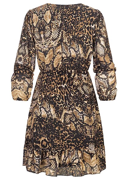 Cloud5ive Dames Chiffon jurk met lange mouwen en print zwart bruin