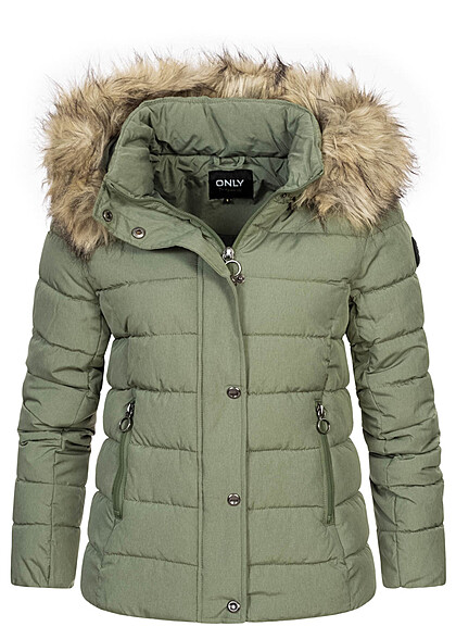 ONLY Dames Gewatteerd jack met afneembare capuchon en 2 zakken groen