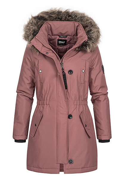 ONLY Dames Winterjas met 4 zakken en capuchon met afneembaar imitatiebont rozebruin