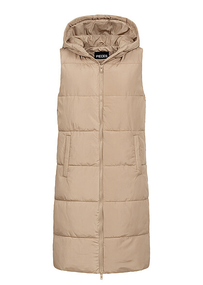 Pieces Dames Gewatteerd vest met capuchon en 2 zakken bruin