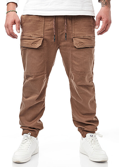 Indicode Heren Cargo broek met 6 zakken & elastische tailleband en trekkoord cortex bruin - Art.-Nr.: 22100084
