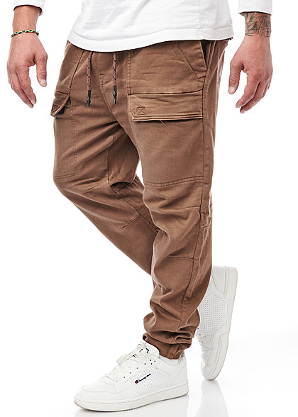 Indicode Heren Cargo broek met 6 zakken & elastische tailleband en trekkoord cortex bruin