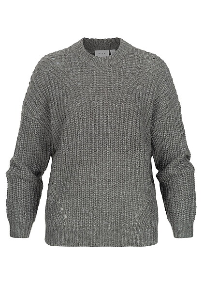 VILA Damen Strick-Sweater Pullover mit Strukturstoff medium grau melange