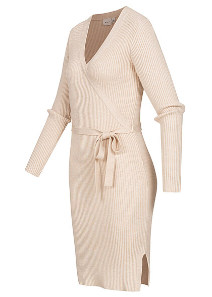 VILA Damen NOOS Langarm Kleid Wickeloptik mit Bindedetail Strukturstoff natural beige