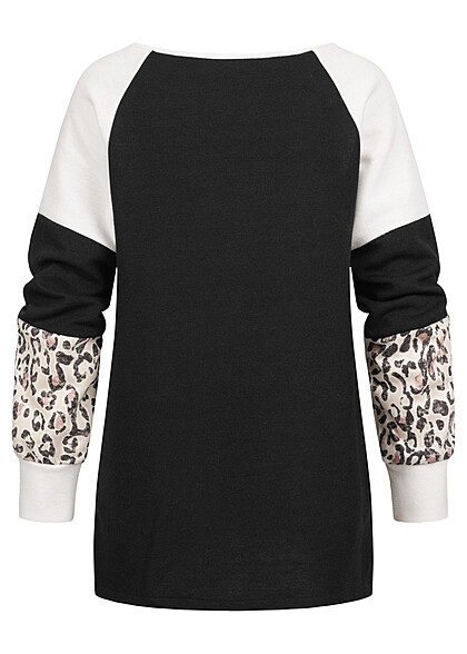 Cloud5ive Dames Colorblock Sweater met o - hals en leopPrint zwart wit