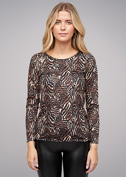 Cloud5ive Dames Shirt met lange mouwen en dierenprint zwart-beige