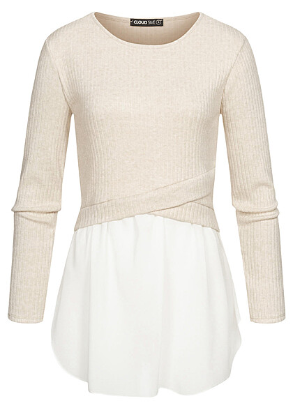 Cloud5ive Dames 2in1 Shirt Sweater met structuurstof beige wit - Art.-Nr.: 22106402