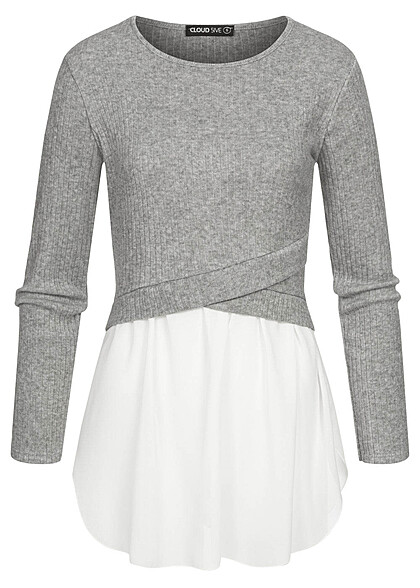 Cloud5ive Dames 2in1 Shirt Sweater structuurstof grijs wit - Art.-Nr.: 22106404