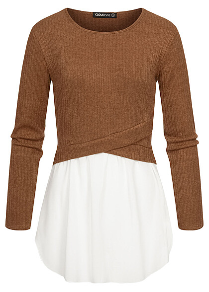 Cloud5ive Dames 2in1 Shirt Sweater structuurstof bruin wit