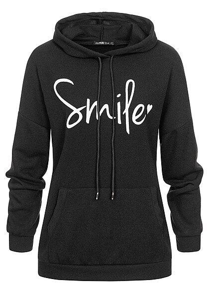 Cloud5ive Dames Hoodie met kangoeroezak en smile print zwart wit