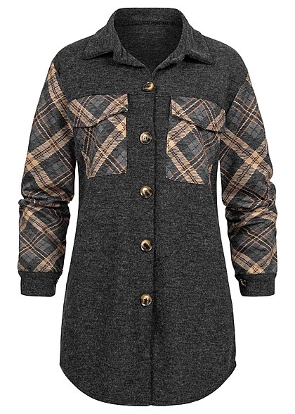 Cloud5ive Dames Shacket met knoopsluiting voor geruit donkergrijs beige
