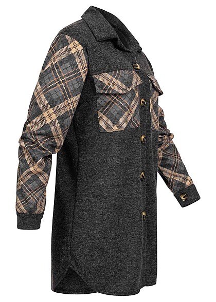 Cloud5ive Dames Shacket met knoopsluiting voor geruit donkergrijs beige