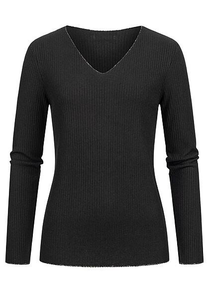 Cloud5ive Dames Longsleeve Shirt met lurex inzet en V-hals zwart